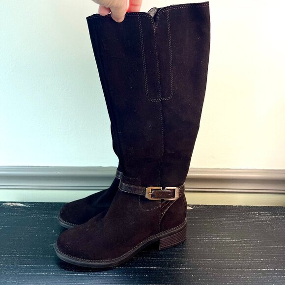 Clarks Shoes - Clarks Women 6.5 M Maye Aster Buckled Riding Boots in Dark Brown Suede Tall